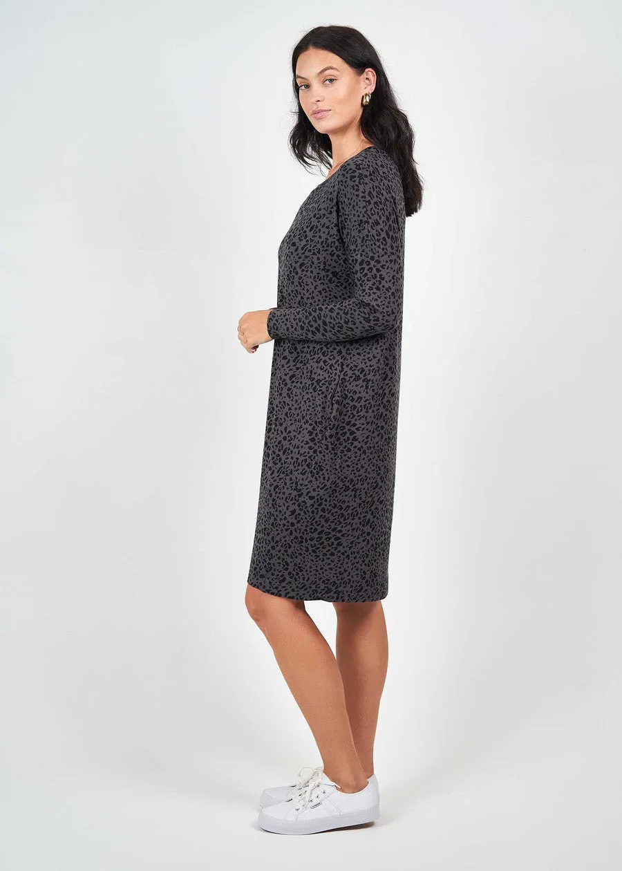 Turner Long-Sleeve Bamboo T-Shirt Dress - Steel Leopard