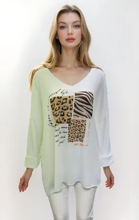 V-Neck Leopard with zebra Print Diamante Top