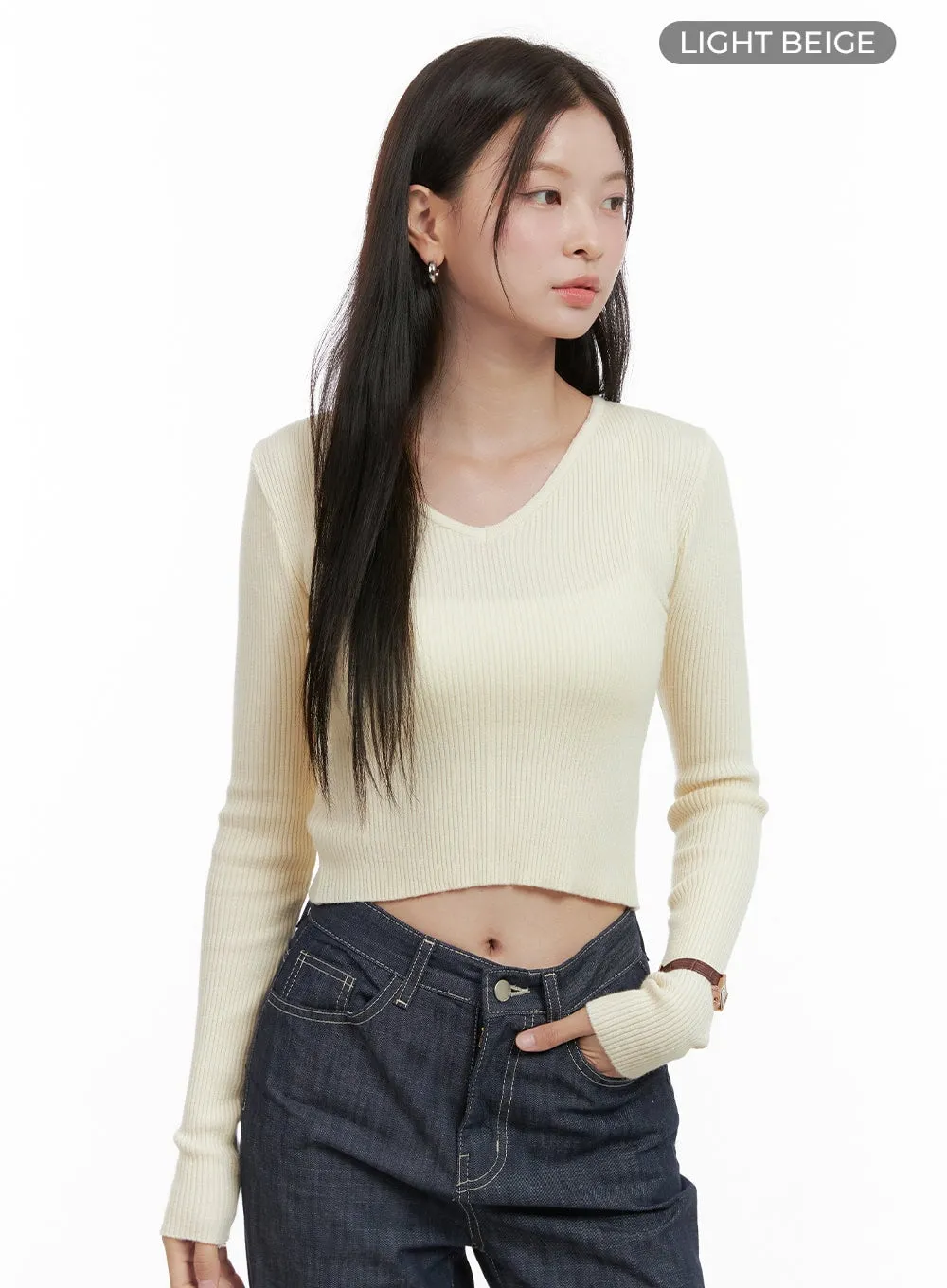 V-Neck Slim Crop Long Sleeve Top OG416