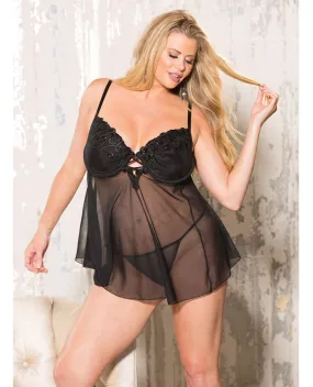 Valentine Net Babydoll w/Padded Underwire Cups w/Adjustable Straps & G-String Black 2X