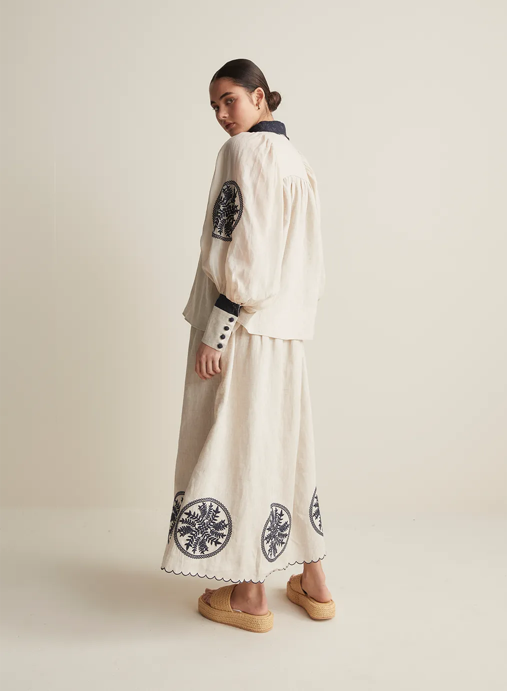 Vanessa Linen Maxi Embroidery Skirt | Flax Navy