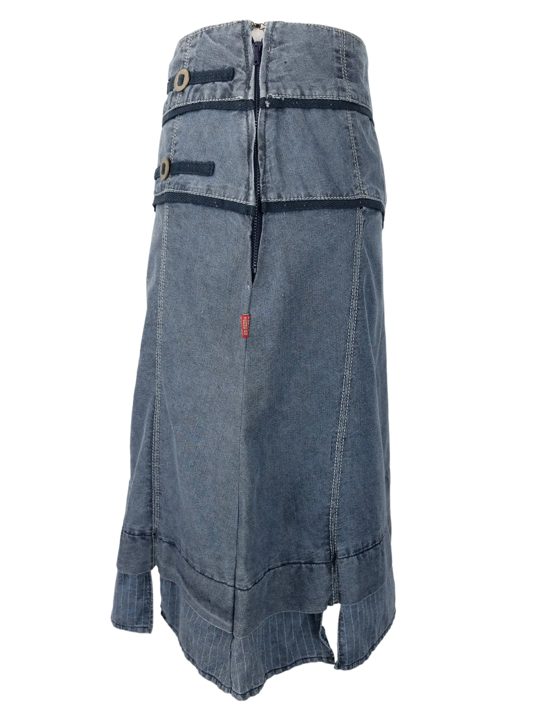 Vintage 2000s Y2K Soft Grunge Bohemian Subversive Medium Wash Blue Denim Below-the-Knee Midi Skirt | Size S