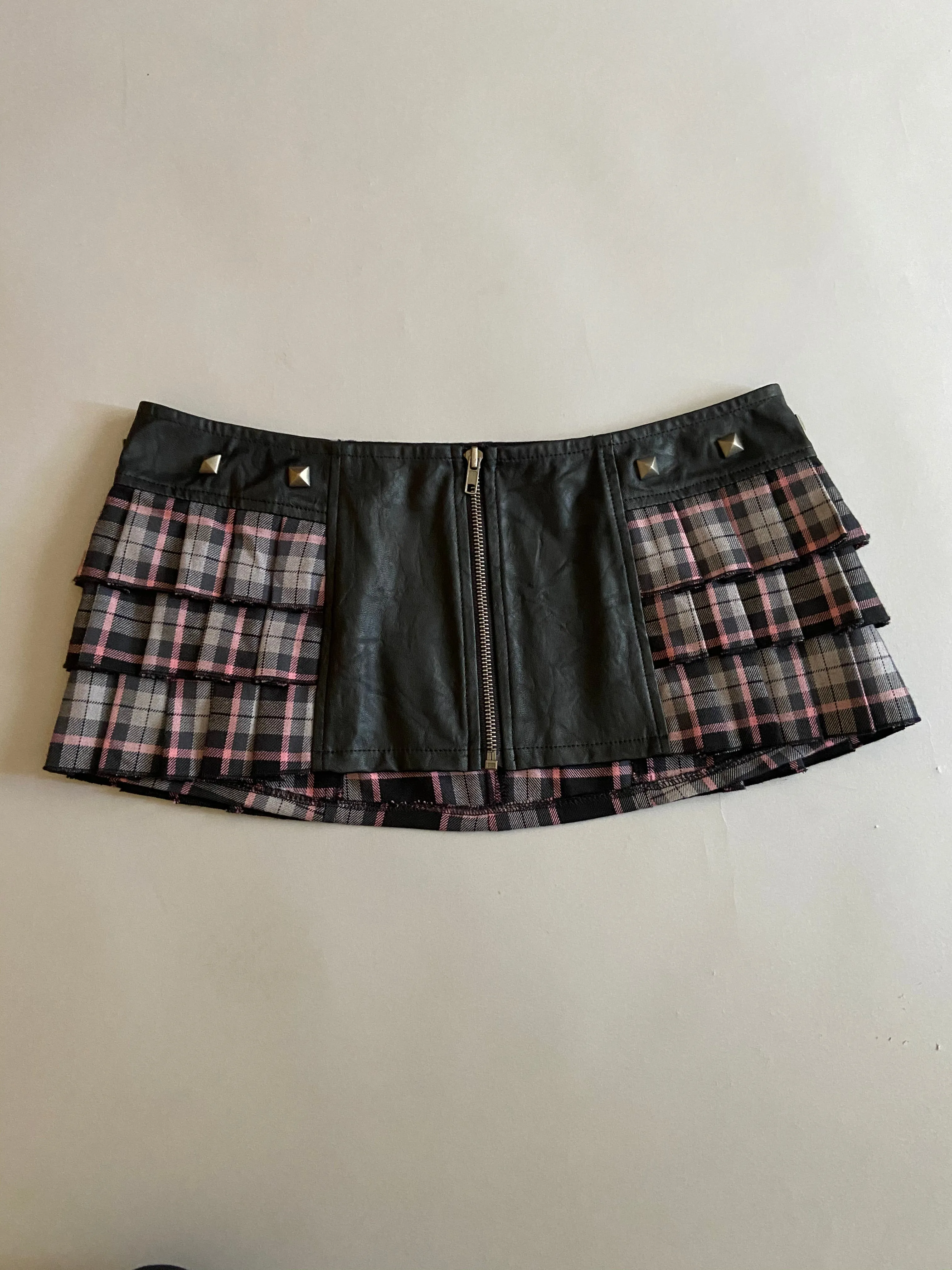 Vintage Lip Service Coated Black and Pink Plaid Peated Hem Micro Mini.