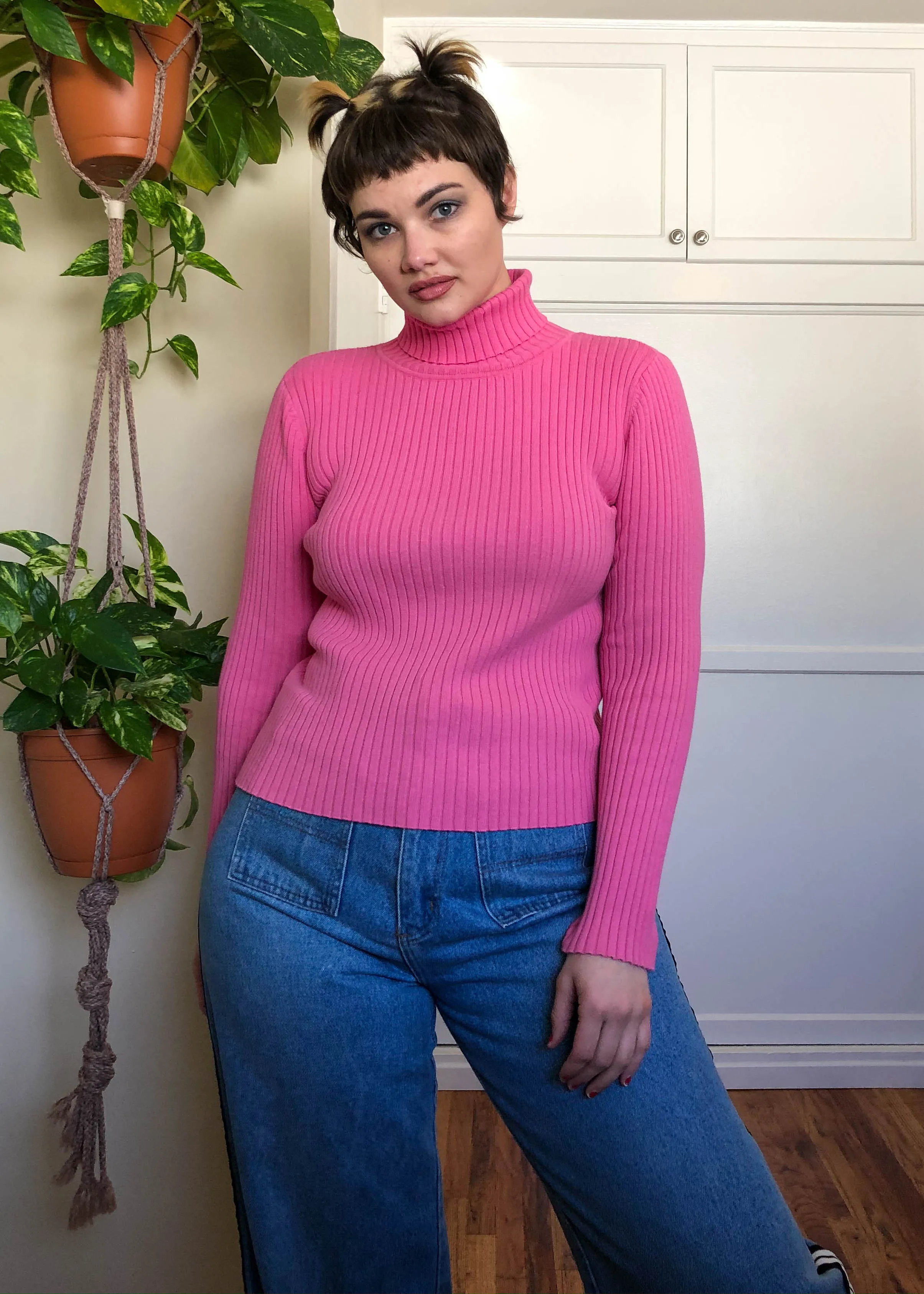 Vintage Perfect Shade of Pink Ribbed Turtleneck - XL