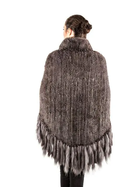 Volare Knitted Mink Poncho with Zipper & Fringes