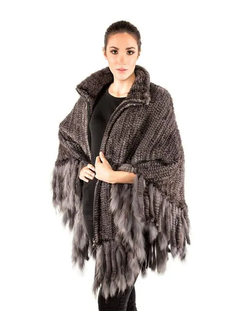 Volare Knitted Mink Poncho with Zipper & Fringes