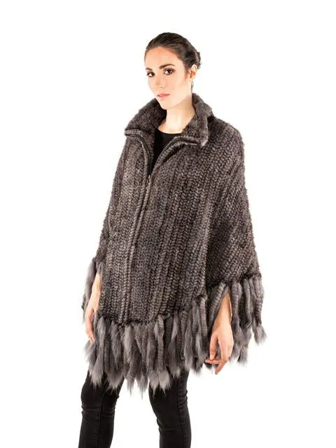 Volare Knitted Mink Poncho with Zipper & Fringes