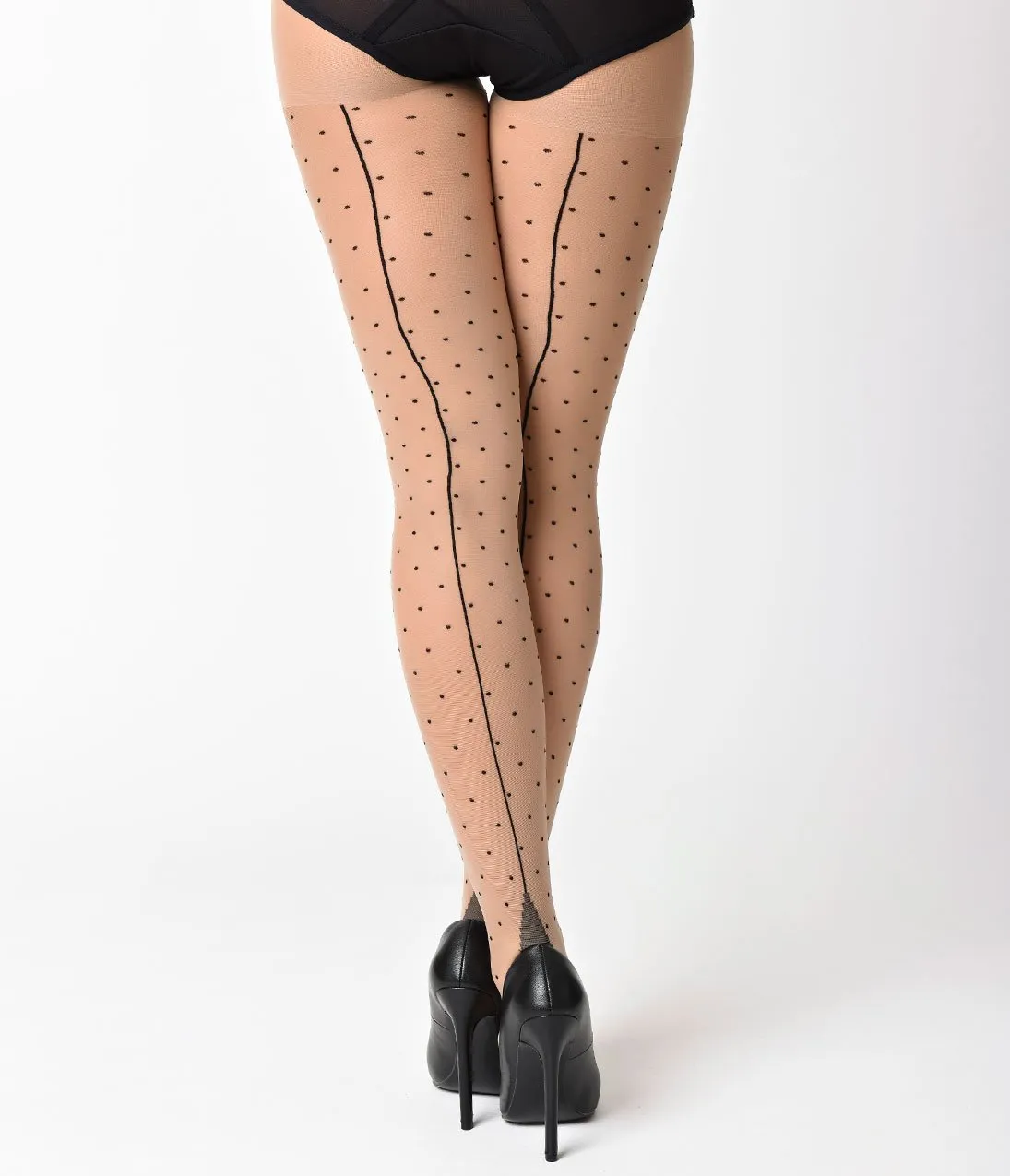 What Katie Did Retro Style Nude & Black Dotted Backseam Pantyhose