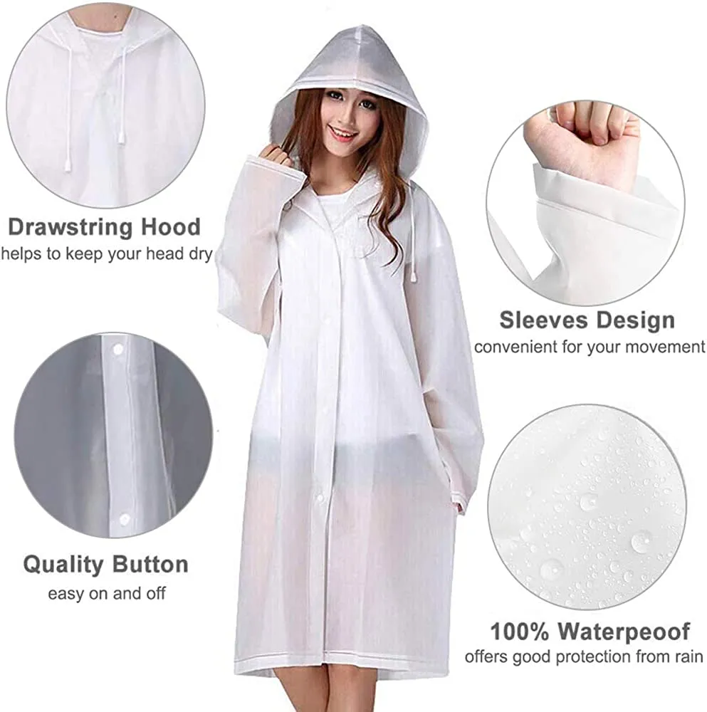 White EVA Rain Ponchos for Adults Reusable Raincoats with Hood and Drawstring Bn-link