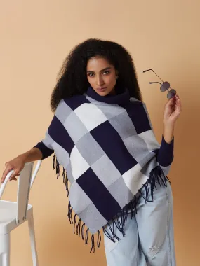 Women Checked Navy Blue Longline Poncho