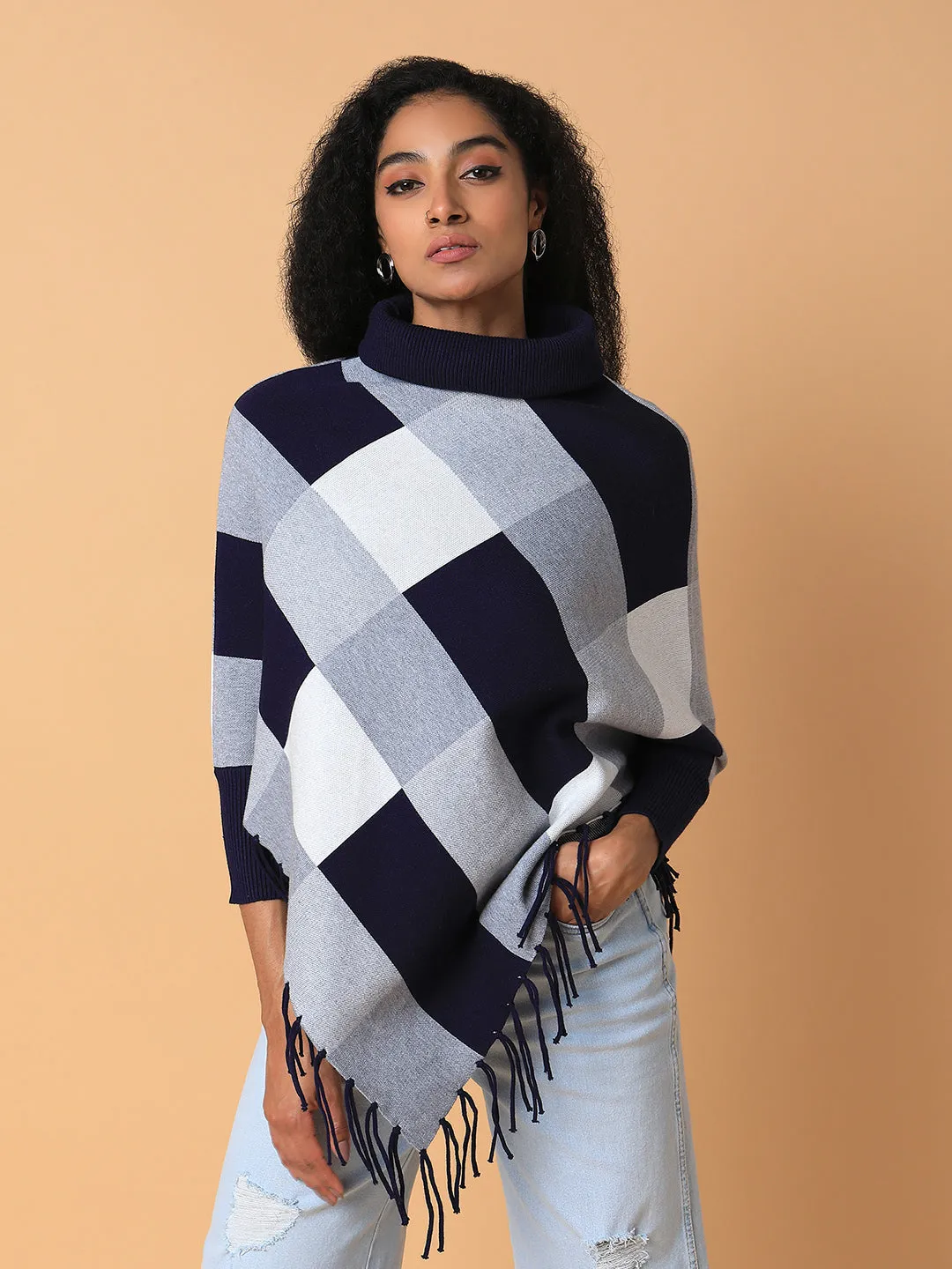 Women Checked Navy Blue Longline Poncho