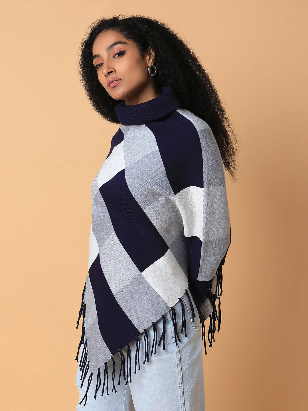 Women Checked Navy Blue Longline Poncho