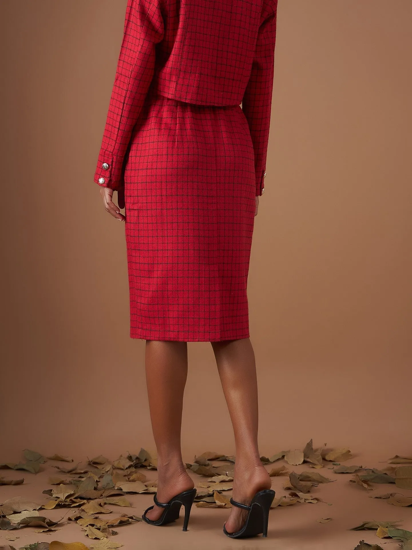 Women Red Check Jacquard Tweed Pencil Skirt